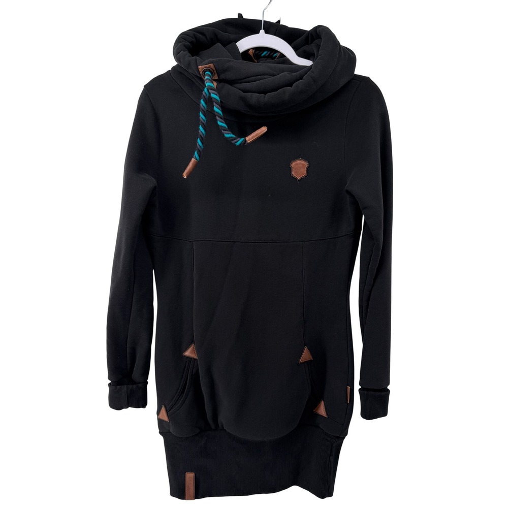 Naketano Brave New Word Womens Black Shawl Neck Hoodie Owl Patch Pullover Size M